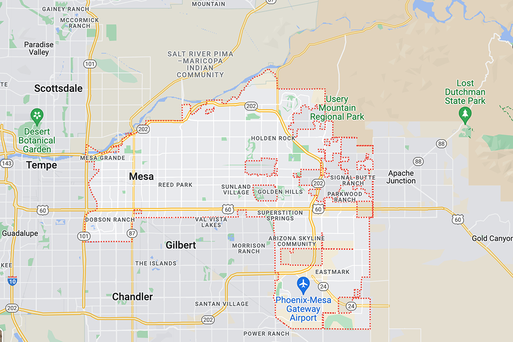 Service area for Mirage Limousines Mesa Arizona Limo and Party Bus Rentals
